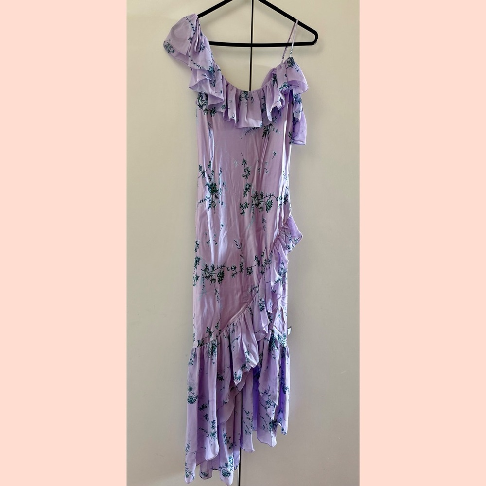 CINQ À SEPT Kersti Floral Print Asymmetric Silk Dress Purple Lilac